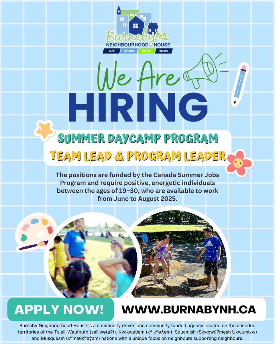 ☀️ Love working with kids? Got leadership skills and summer energy to spare?

Join BNH as a Summer Daycamp Program Team Lead or Program Leader and help create a fun, safe, and engaging space for children at multiple camp locations.🏕️🧡

🔗burnabynh.ca💙