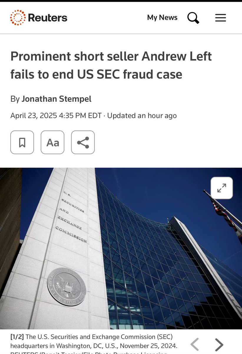 Short seller Andrew Left loses his bid to dismiss the SEC lawsuit.

His motion to dismiss the criminal case against him will be heard May 5. Trial is set for March 2026.

"A federal judge rejected Andrew Left's bid to dismiss a U.S. Securities and Exchange Commission civil