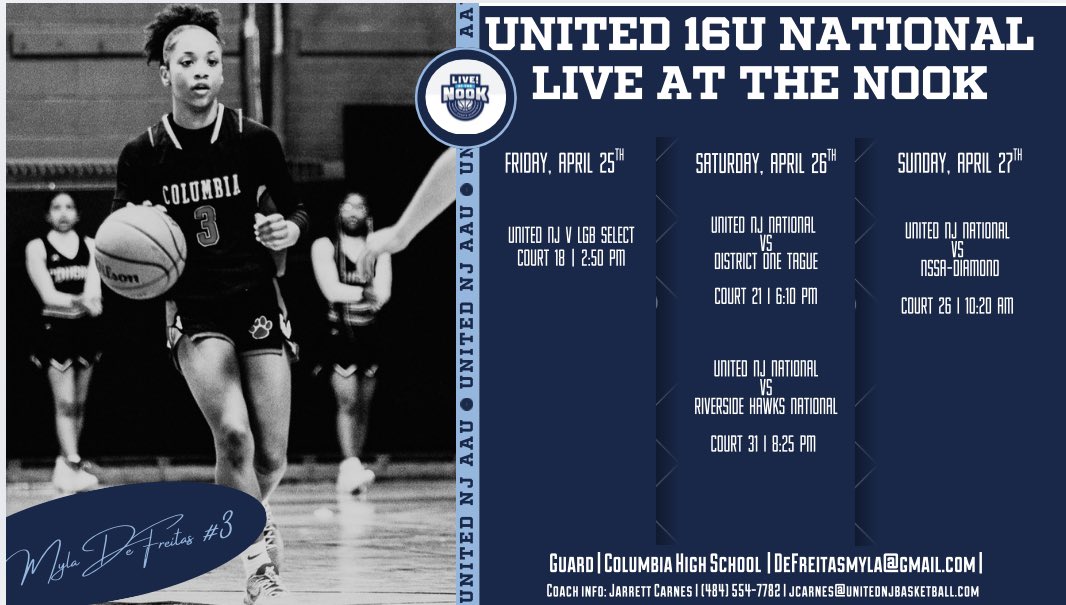 MylaChaise_'s tweet photo. Here is my schedule for LIVE at the nook this weekend, come check out me and my 16U National team. 
@unitedNJaau 
@jcarnesjr 
@CoachJimmy_O 
@SelectEventsBB https://t.co/w9qCIJrq6H