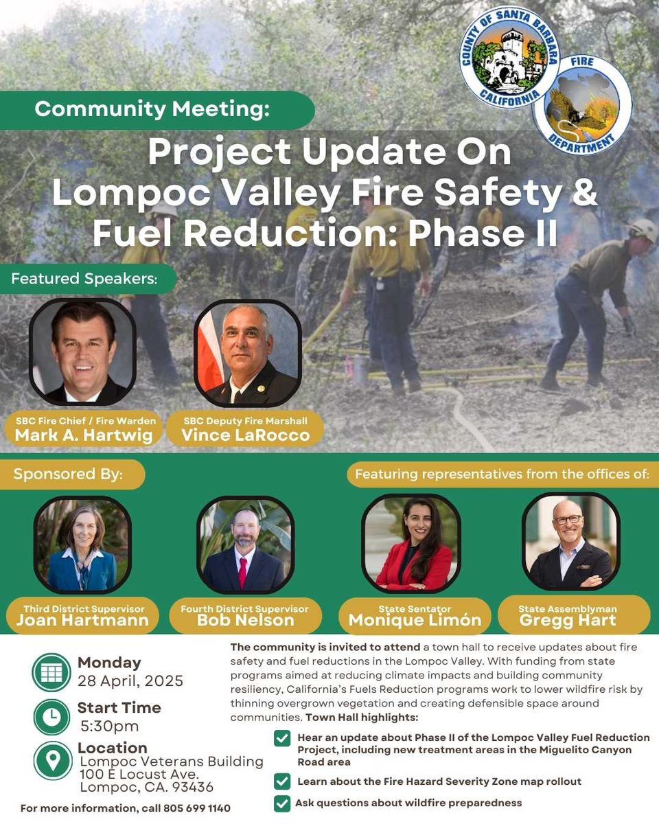 The community is invited to attend a town hall to receive updates about fire safety and fuel reductions in the Lompoc Valley. 

Learn about fuels reduction projects, ask questions about wildfire preparedness, and more!
