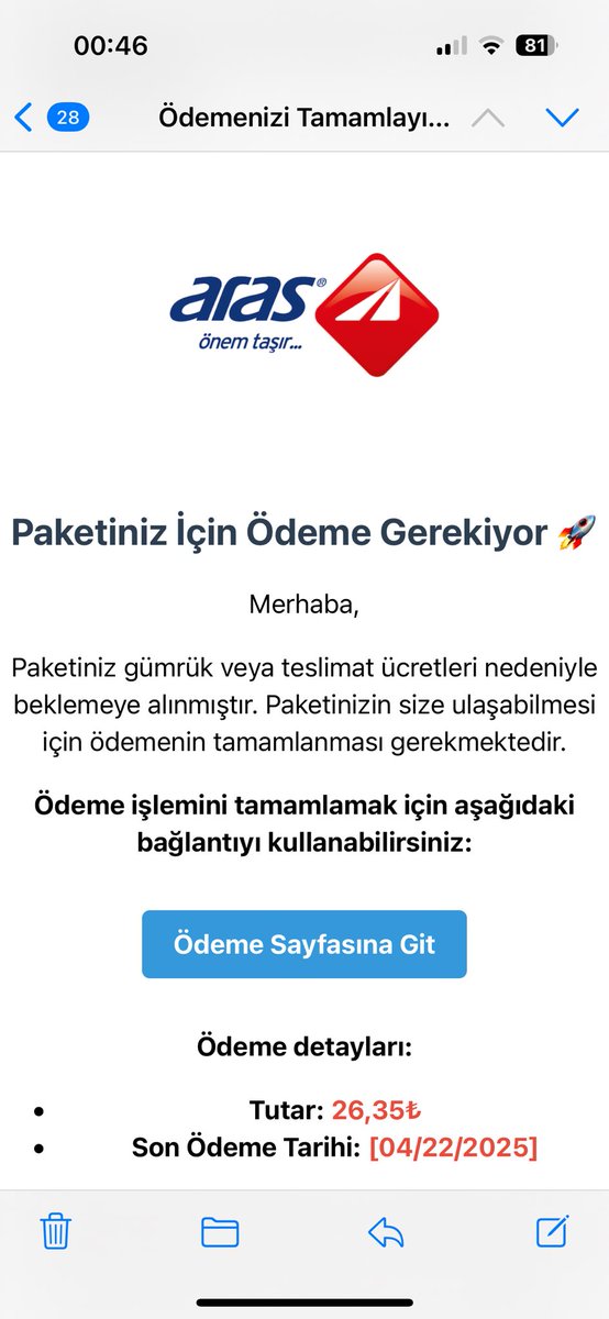 SevincEfee's tweet photo. Firmanız adına dolandırıcılık gibi görünen  bu şekilde mailler alıyorum mağduriyet yaşanmaması adına bu olayı sizinle paylaşmak istedim umarım gereğini yaparsınız  @araskargo @ArasKargoDESTEK https://t.co/28VvyEsdMw