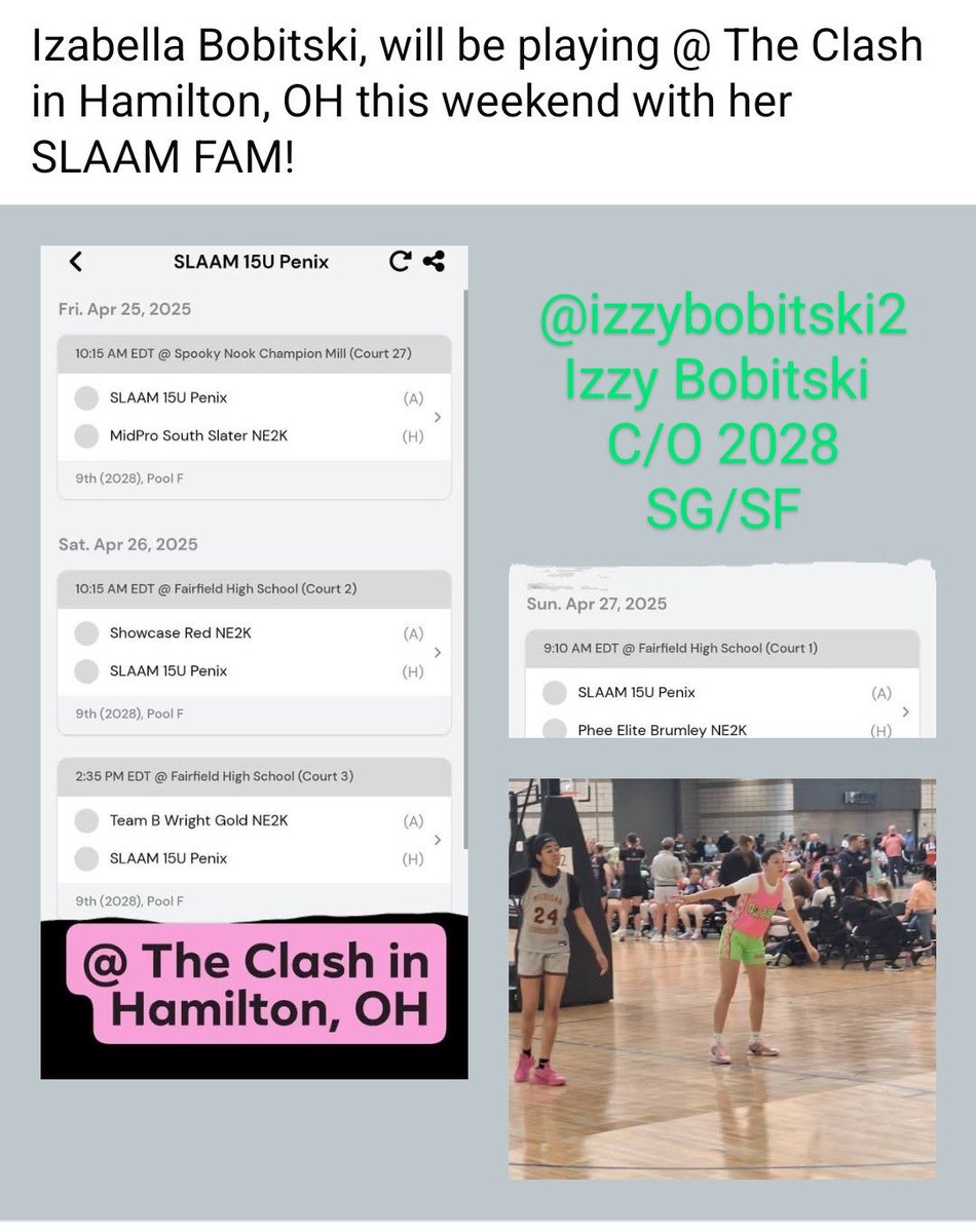 Izabella Bobitski (@izzybobitski2) on Twitter photo Come watch me and my team ball out this weekend! We will be playing in The Clash in Hamilton. This is going to be a good one! 🩷💚 <a href="/SLAAM28Penix/">SLAAM 28 Penix</a> Come watch me and my team ball out this weekend! We will be playing in The Clash in Hamilton. This is going to be a good one! 🩷💚 <a href="/SLAAM28Penix/">SLAAM 28 Penix</a>