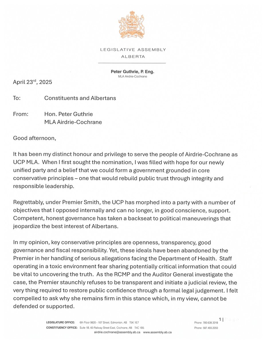 PeterGuthrie99's tweet image. Please find the attached letter issued by Hon. Pete Guthrie MLA for Airdrie-Cochrane regarding his dismissal from the UCP Caucus on April 16th, 2025.