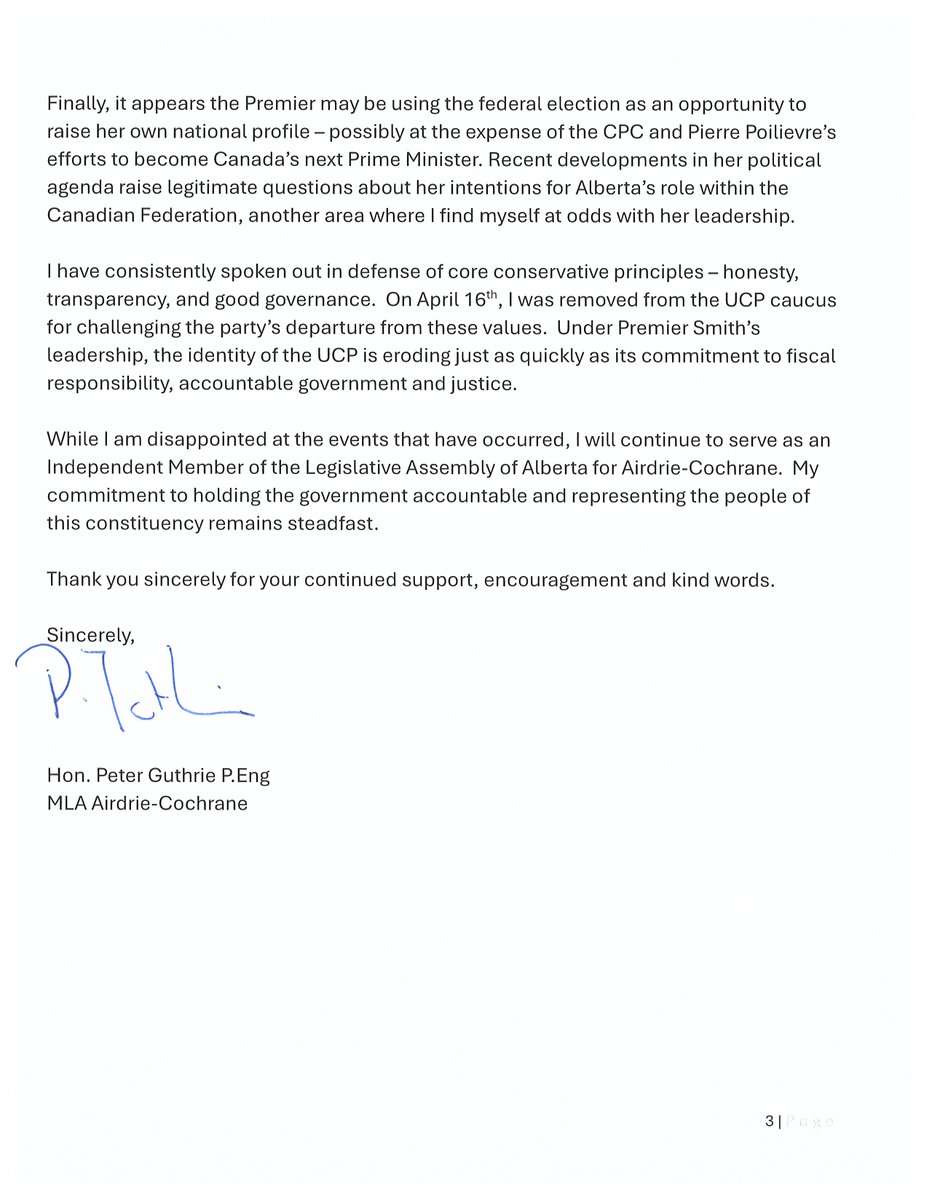 PeterGuthrie99's tweet image. Please find the attached letter issued by Hon. Pete Guthrie MLA for Airdrie-Cochrane regarding his dismissal from the UCP Caucus on April 16th, 2025.