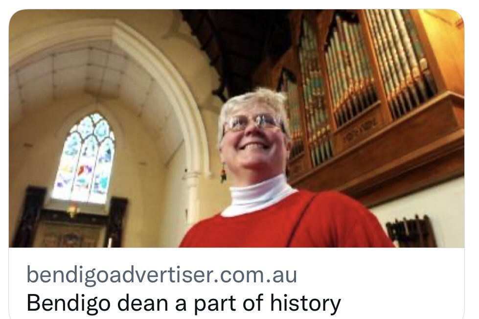 AustAnglican's tweet image. 24 April 2006: installation of the Rev. Peta Robin Sherlock, previously incumbent of Banyule (Diocese of Melbourne), at St Paul's Cathedral, as 11th Dean of Bendigo. #anglican #19years An historic occasion: our first female Dean; farewell service Christmas Day 2011.