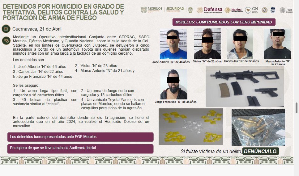 Estos son los detenidos en la colonia Satélite de Cuernavaca quienes realizaron disparos a un domicilio pero en ese momento pasaba el Ejército Mexicano y la Guardia Nacional por lo que fueron detenidos.
