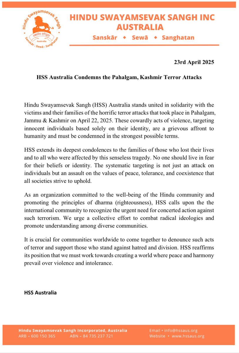 HSS condemns the horrific attacks in Pahalgam and extends heartfelt condolences to the affected families #Pahalgam #PahalgamTerroristAttack #Hindus
