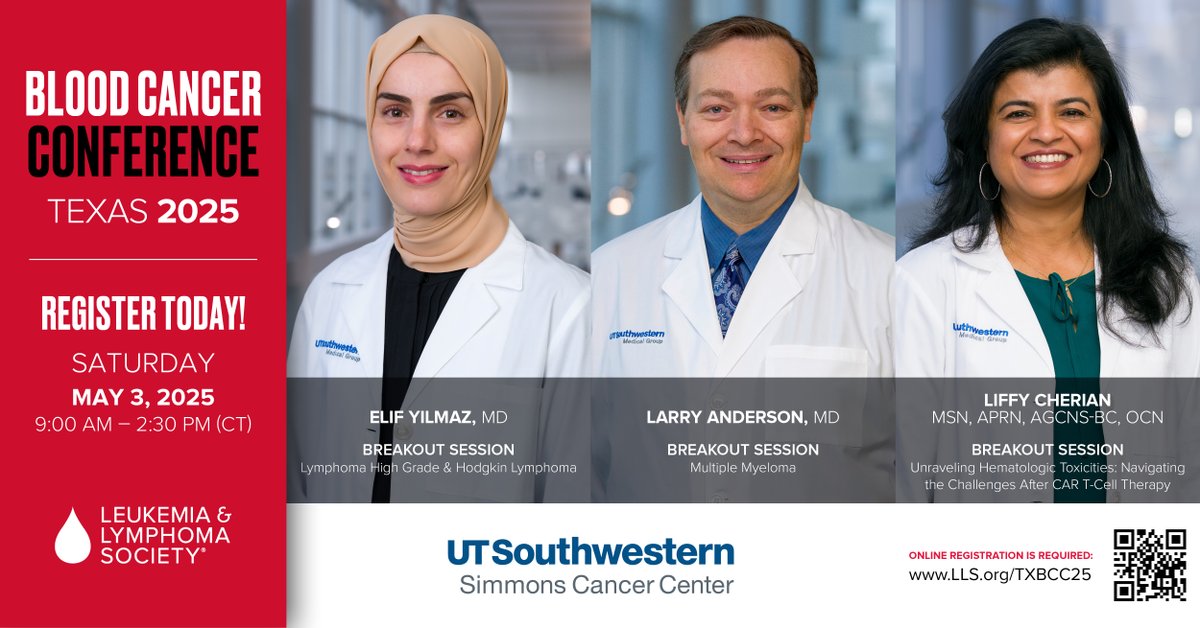 UTSW Simmons Cancer Center (@utswcancer) on Twitter photo Please join us at the <a href="/LLSusa/">The Leukemia & Lymphoma Society</a> Blood Cancer Conference on 5/3!
We are proud to have hematologic oncologists Elif Yilmaz, M.D., & Larry Anderson, M.D., as well as oncology certified nurse Liffy Cherian present on behalf of Simmons Cancer Center.
Register: bit.ly/42KNs51 Please join us at the <a href="/LLSusa/">The Leukemia & Lymphoma Society</a> Blood Cancer Conference on 5/3!
We are proud to have hematologic oncologists Elif Yilmaz, M.D., & Larry Anderson, M.D., as well as oncology certified nurse Liffy Cherian present on behalf of Simmons Cancer Center.
Register: bit.ly/42KNs51