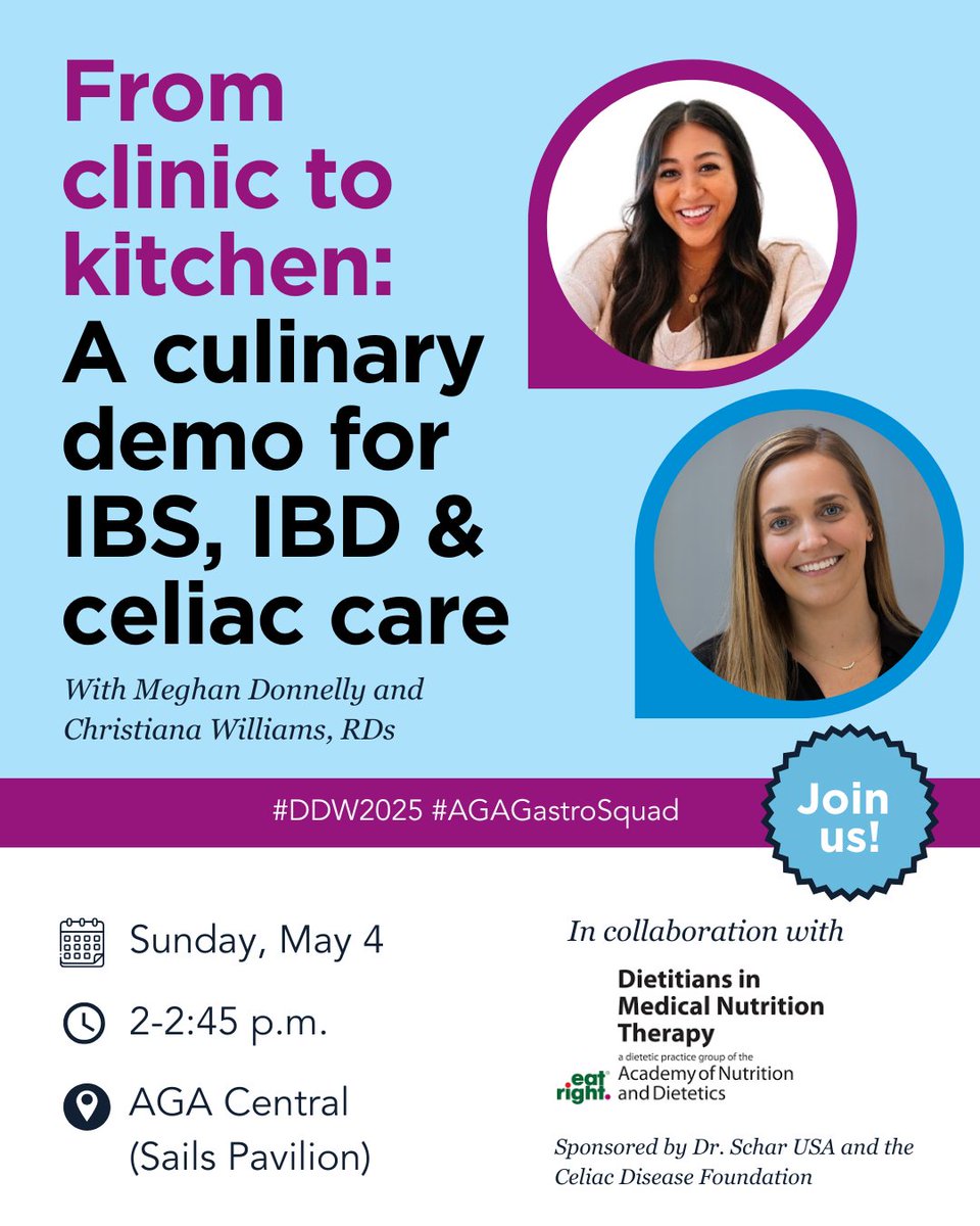 Get your gut in gear! Join us &amp; #DIGID for a live culinary demo at AGA Central during #DDW2025. GI dietitians will prepare edamame miso dip and share culinary tips to help patients with #IBD, #IBS, &amp; #celiac.

📅 Sunday, May 4, 2 p.m. 
📍 AGA Central (Sails Pavilion)