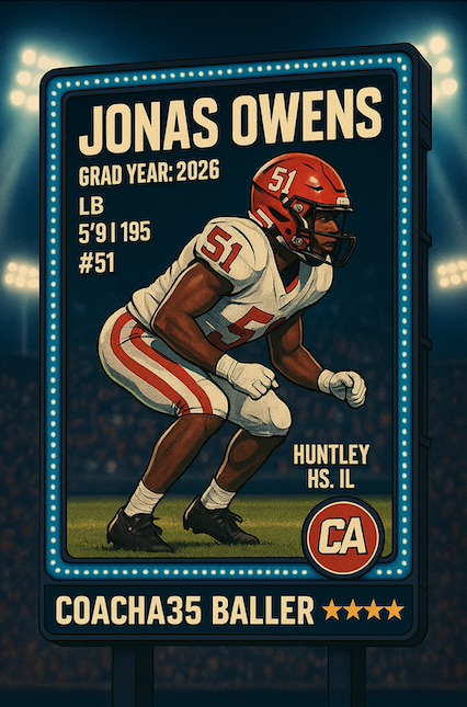 🚨Spring Watch-List!
2026 LB Jonas Owens 5'9" 195
<a href="/JonasOwens52/">Jonas Owens (2026)</a>
Huntley HS, IL
*CoachA35 Recommended Baller!
Complete writeup @ CoachA35 Insider Access CLICK: loom.ly/nbMQ25U
(REVIEW all the Star Rated, Spring Watch-List &amp; MORE!)
📈 <a href="/PrepRedzoneIL/">Prep Redzone Illinois</a> <a href="/SixStarFootball/">Six Star Football | PLUS+</a>