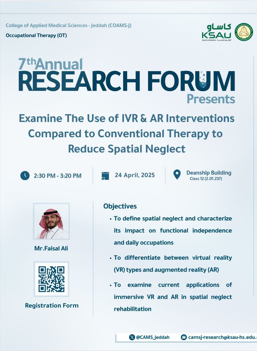 M__7mdM's tweet image. يا جماعة الخير، اللي حاب يشوف كيف ممكن نستخدم VR وAR لعلاج الإهمال النصفي!
أ. فيصل علي بيقدم بوستر جداً رهييب🔥🔥 
موعدنا الخميس ٢٤ أبريل، من ٢:٣٠ إلى ٣:٢٠، في مبنى العمادة - قاعة ١٢
تعالوا نتثقف، ننبهر، ويمكن نتحمس نشتري نظارة VR 
#كاساو 
#المنتدى_السنوي_السابع_للأبحاث
