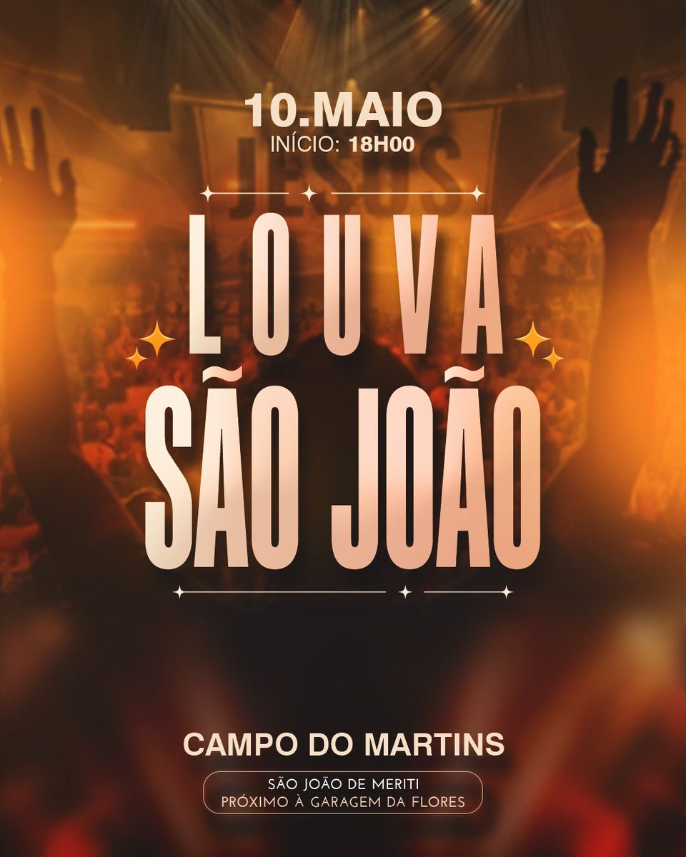 🙌✨ Uma noite de fé, adoração e comunhão está chegando em São João de Meriti!
No dia 10 de maio, a partir das 18h, o céu vai tocar a terra no Campo do Martins com o poderoso evento LOUVA SÃO JOÃO! 🔥🙏
Prepare o coração, reúna sua família, chame os amigos e venha.