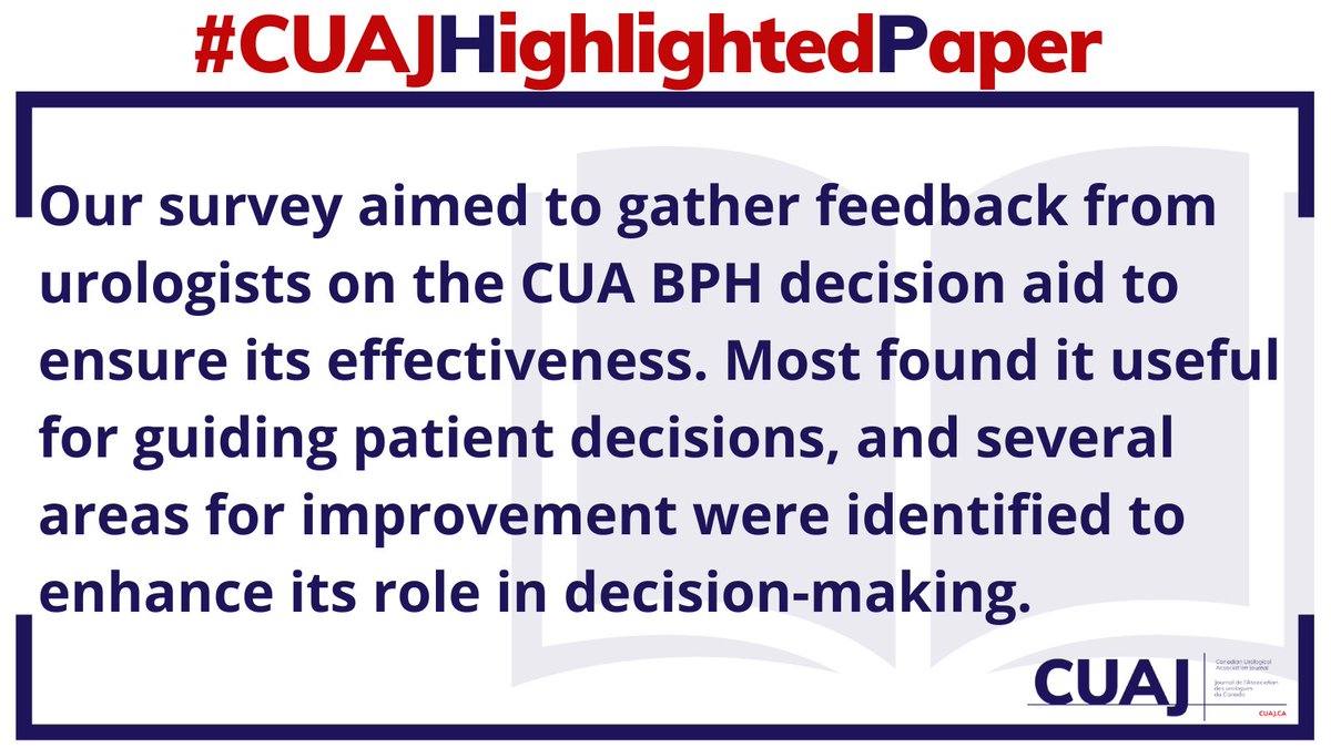 CUAJournal (@cuajournal) on Twitter photo #CUAJHighlightedPaper Evaluating urologist perspectives on the CUA BPH surgical decision
aid for maintenance and feedback. To read full article >>>cuaj.ca/index.php/jour…
<a href="/LiamMurad/">Liam Murad</a> @NaeemBhojani7 <a href="/BouhadanaD/">David Bouhadana</a> <a href="/DrDeanElterman/">Dean Elterman</a> #CUAJHighlightedPaper Evaluating urologist perspectives on the CUA BPH surgical decision
aid for maintenance and feedback. To read full article >>>cuaj.ca/index.php/jour…
<a href="/LiamMurad/">Liam Murad</a> @NaeemBhojani7 <a href="/BouhadanaD/">David Bouhadana</a> <a href="/DrDeanElterman/">Dean Elterman</a>