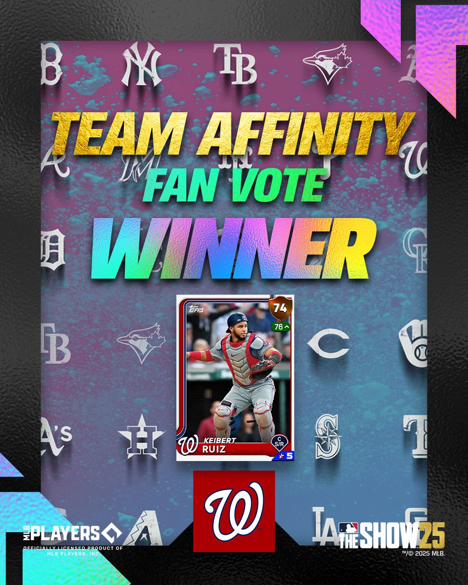 MLBTheShow's tweet photo. A close one!

Keibert Ruiz will be your @Nationals Team Affinity: Color Storm player! 👏🏛️

Team Affinity: Color Storm available on 5/23!

#MLBTheShow https://t.co/O7dXCC3wS8