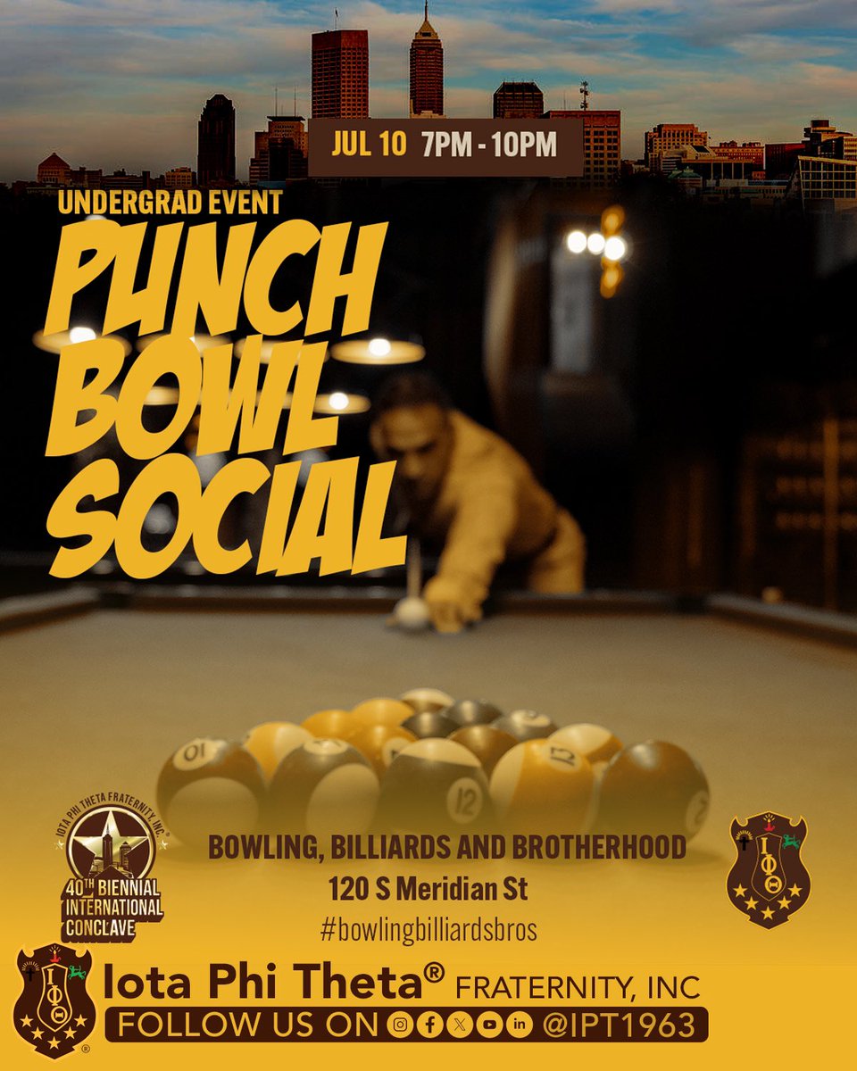 On Thursday, July 10th, join us for our undergraduate Punch Bowl Social at 'Clave. Make sure you're registered and ready to go!

register.iotaphitheta.org 

#Ipt1963 #IotasinIndy #bowlingbilliardsbros#registeredandready