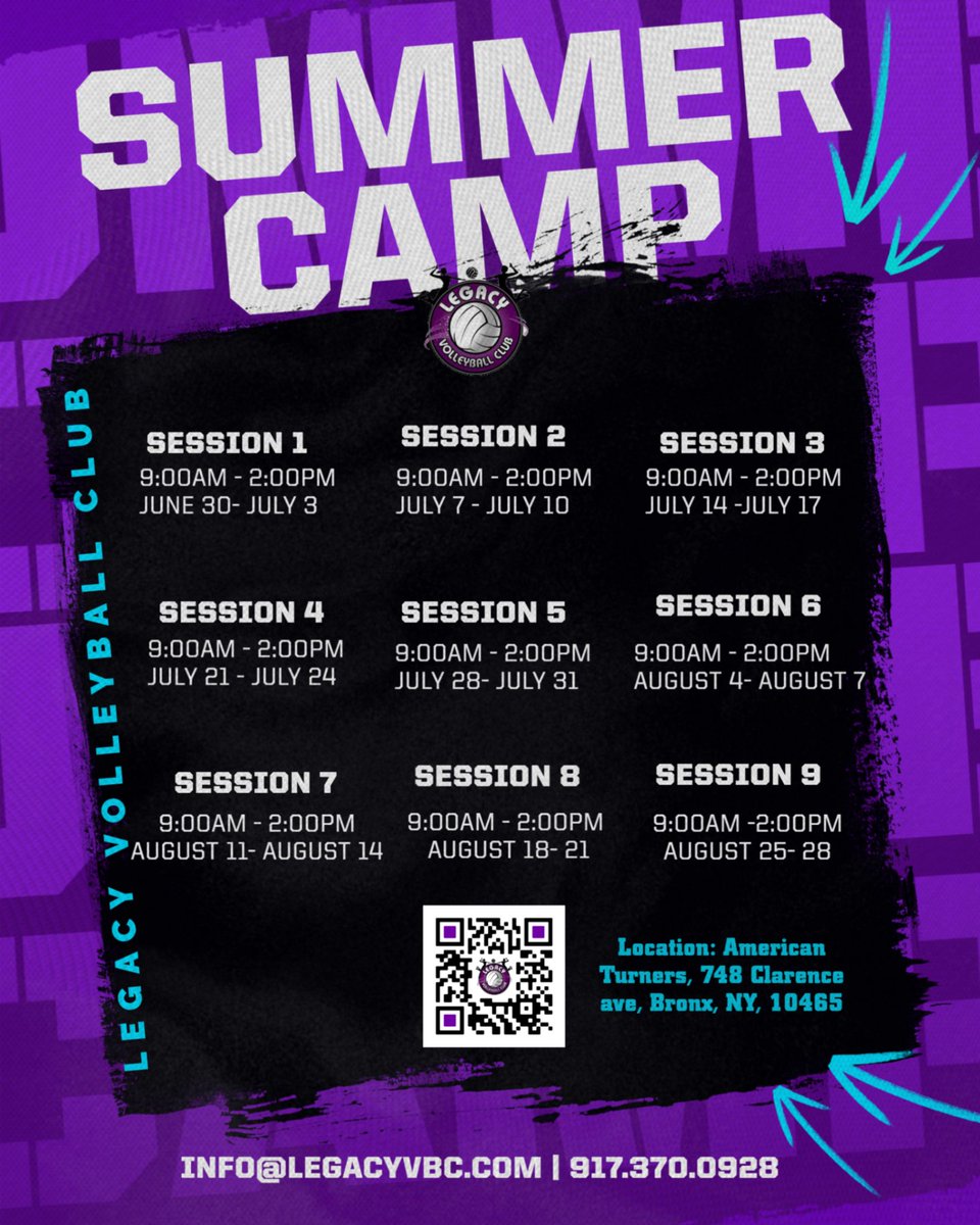 LegacyVC's tweet image. Register for summer camp at Legacy volleyball club Now with 9 sessions to choose from starting on June 30th! 

Secure your spot now: legacyvbc.com/summercamp 

Located at American Turners 748 Clarence ave, Bronx, NY,10465

Talk to us: Info@legacyvbc.com | 917.370.0928