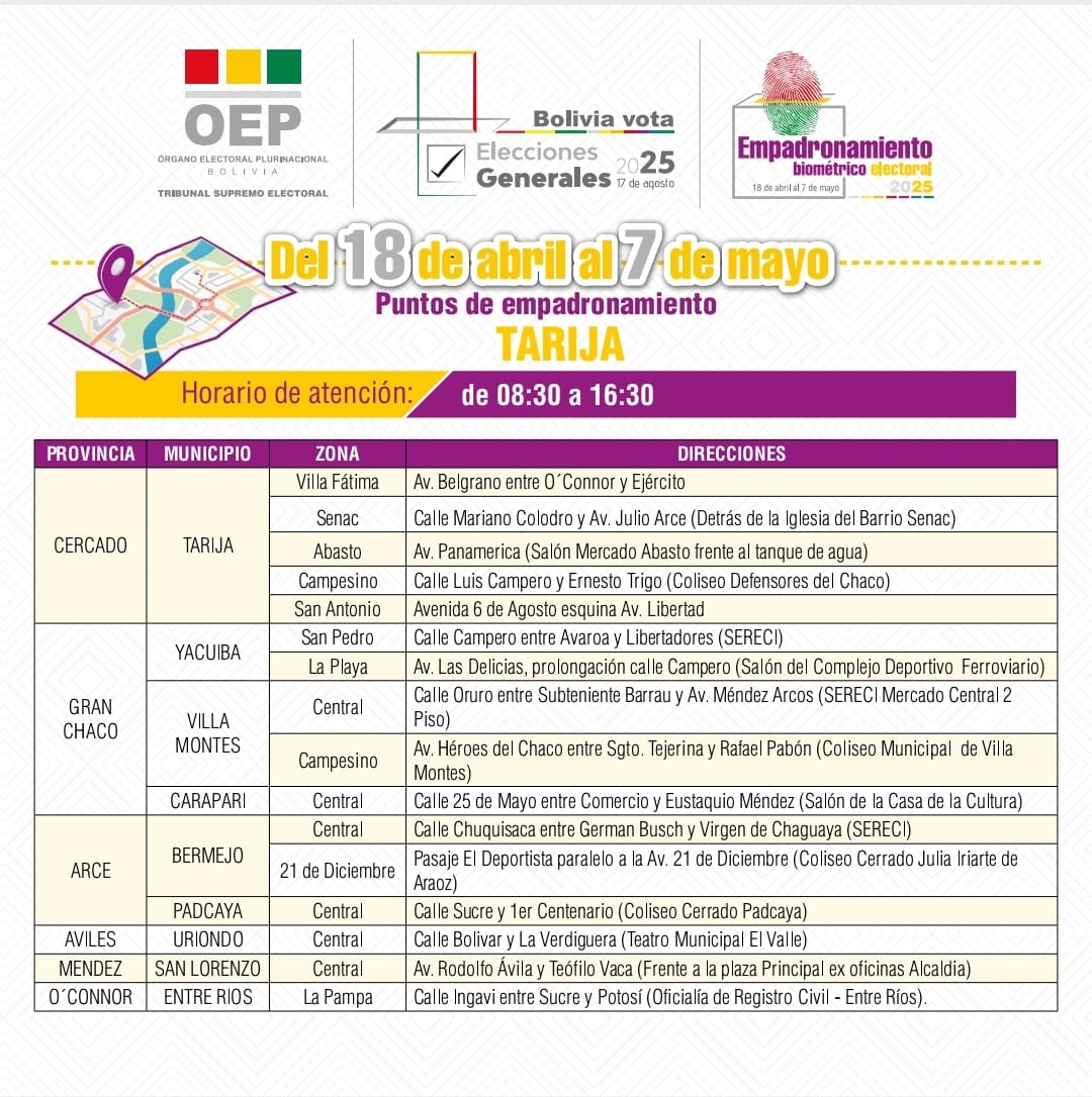 📷 ¡Atención Tarija! Empadronamiento Biométrico Electoral 2025
📷 Del 18 de abril al 7 de mayo
📷 Horario de atención: de 08:30 a 16:30
El Órgano Electoral Plurinacional te invita a participar del empadronamiento masivo para las Elecciones Generales del 17 de agosto.