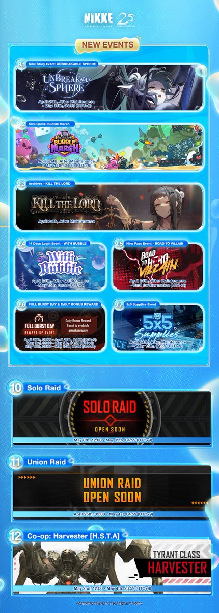 NIKKE_en's tweet photo. 【Version Update Maintenance Notice】

The UNBREAKABLE SPHERE version update is complete.

New Nikkes, new costumes, and new story events have been added to this version alongside various gameplay modes!

Known Issues:
1. We have confirmed an issue where some Commanders may receive an error pop-up when receiving their reward after completing the Own 5 Titles achievement in the PASS event - ROAD TO VILLAIN.

2. We have confirmed that certain parts of the combat animations of Little Mermaid and Little Mermaid - Abyssal Flower may appear unnatural.

Known Issues
🔗: https://t.co/QjSSaFgbop

Specifics
🔗: https://t.co/rR5WweoohR

Optimization
🔗: https://t.co/Hh5XPQBk3o

#NIKKE #NIKKEAnniversary
