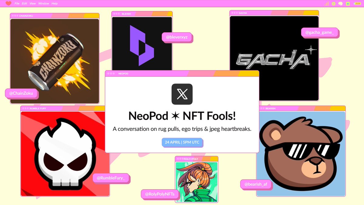 NFT Fools! ✶ NeoPod ✨🎙️ 

A conversation on rug pulls, ego trips &amp; jpeg heartbreaks 🖼️💔 

Guests : <a href="/bearish_af/">BEARISH</a> <a href="/ChainZoku/">ChainZoku</a> <a href="/gacha_game_/">Gacha</a> <a href="/bleverxyz/">Blever</a> <a href="/RumbleFury_/">Rumble Fury</a> 

🗓️ 24 April | 🕔 3PM UTC 

Be There 👇🏼
x.com/i/spaces/1DXxy…