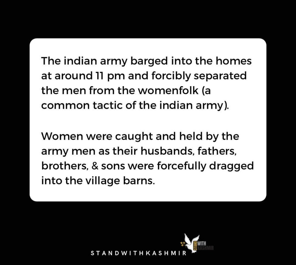 bluepashminas's tweet photo. For those who are unfamiliar with the indian army’s mass rape of Kashmiri women in Kunan Poshpora, sharing these slides from @standwkashmir. This incident has been documented by multiple international human rights orgs including human rights watch. tw for sexual violence. https://t.co/LdAIQepo4P