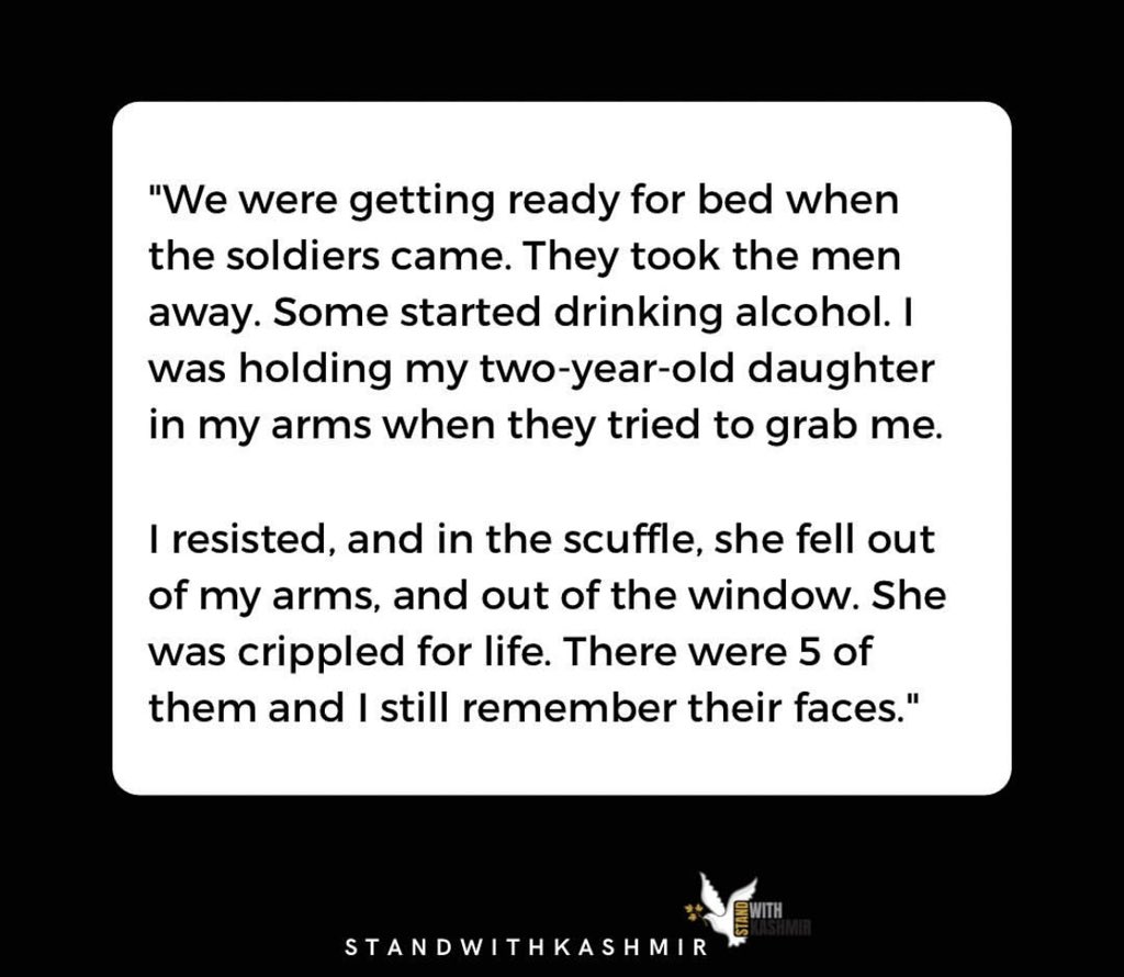 bluepashminas's tweet photo. For those who are unfamiliar with the indian army’s mass rape of Kashmiri women in Kunan Poshpora, sharing these slides from @standwkashmir. This incident has been documented by multiple international human rights orgs including human rights watch. tw for sexual violence. https://t.co/LdAIQepo4P