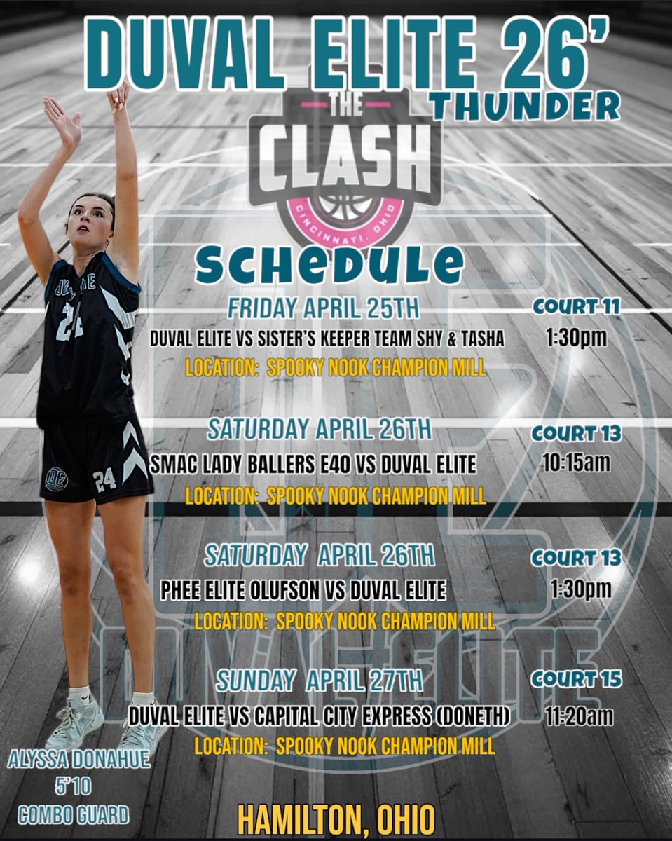 Alyssa Donohue (@alyssadonohue24) on Twitter photo Excited for this upcoming weekend in Ohio at The Clash! Can’t wait to compete with my team! <a href="/DuvalElite/">DuvalElite</a> <a href="/CoachMatt_DE/">Coach Matt</a> <a href="/CoachODuval/">Kayla Oxenrider</a> <a href="/CoachKClement/">Kirsten Clement</a> <a href="/btgbball/">Bartram Trail Girls Basketball 🐻🏀</a> <a href="/SUTSReport/">SUTS Report</a> <a href="/Ohio_Basketball/">OhioBasketball.com</a> <a href="/SelectEventsBB/">Select Events Basketball</a> Excited for this upcoming weekend in Ohio at The Clash! Can’t wait to compete with my team! <a href="/DuvalElite/">DuvalElite</a> <a href="/CoachMatt_DE/">Coach Matt</a> <a href="/CoachODuval/">Kayla Oxenrider</a> <a href="/CoachKClement/">Kirsten Clement</a> <a href="/btgbball/">Bartram Trail Girls Basketball 🐻🏀</a> <a href="/SUTSReport/">SUTS Report</a> <a href="/Ohio_Basketball/">OhioBasketball.com</a> <a href="/SelectEventsBB/">Select Events Basketball</a>