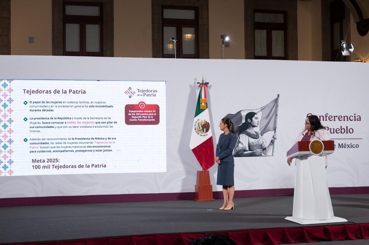 📣 Impulsan red de mujeres y Centros LIBRE en todo México

La Secretaría de las Mujeres presentó una estrategia nacional para transformar el bienestar de las mexicanas en la conferencia de prensa matutina de la presidenta <a href="/Claudiashein/">Claudia Sheinbaum Pardo</a> 

🔸 Tejedoras de la Patria: Más de 100 mil