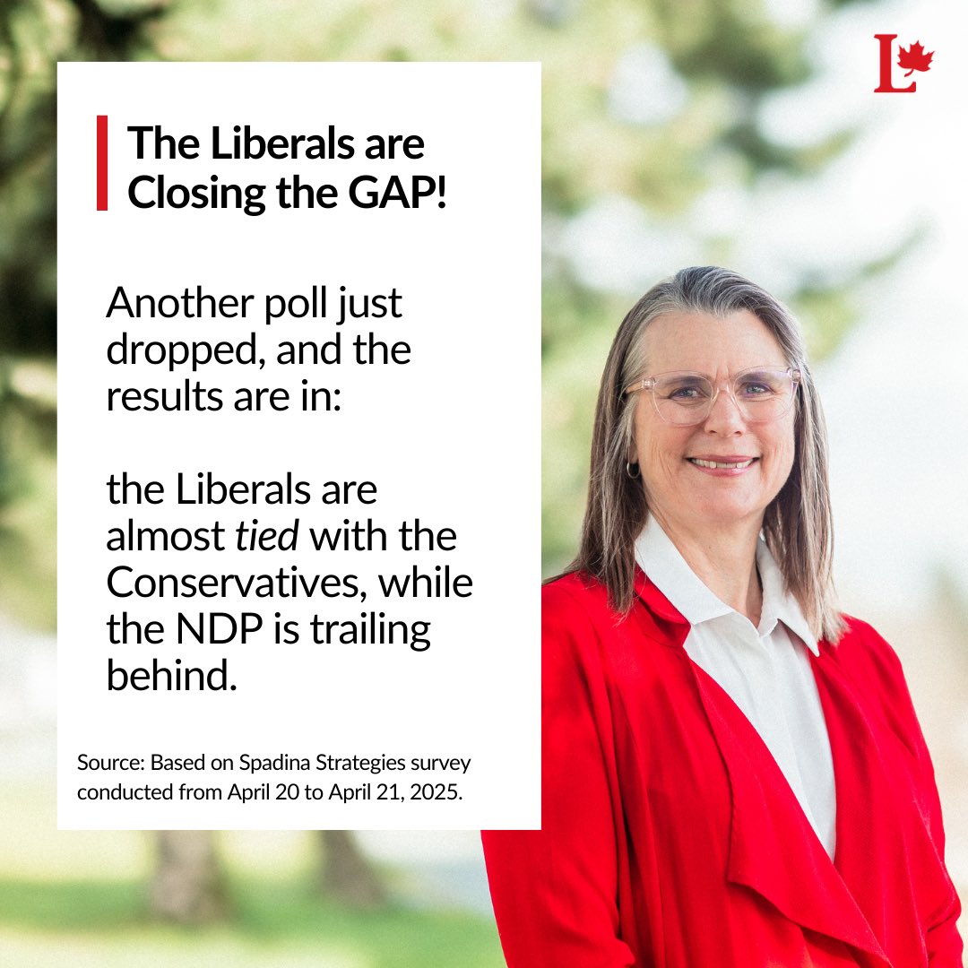 jenlash's tweet image. Another poll confirms it! We can win this election.

If you want @MarkJCarney as Prime Minister vote Liberal. Vote for Jennifer Lash 🇨🇦💪

#cdnpoli