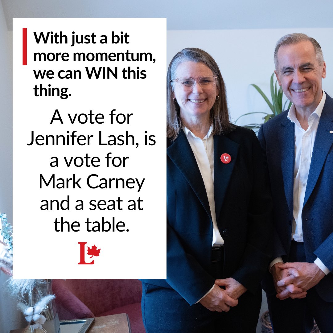jenlash's tweet image. Another poll confirms it! We can win this election.

If you want @MarkJCarney as Prime Minister vote Liberal. Vote for Jennifer Lash 🇨🇦💪

#cdnpoli