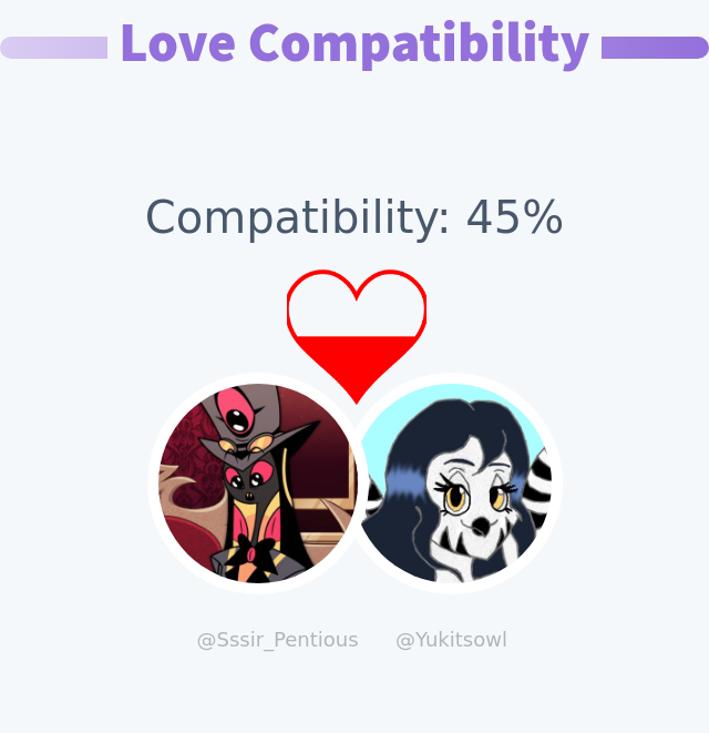 Sssir Pentious (@sssir_pentious) on Twitter photo My love compatibility with <a href="/Yukitsowl/">βΛqβββqΛβππ¦ππ π. πππ π¨πͺ ππ¨πβΛqβββqΛβ</a> is 45%
β‘οΈ infinityweet.me/love-calculator My love compatibility with <a href="/Yukitsowl/">βΛqβββqΛβππ¦ππ π. πππ π¨πͺ ππ¨πβΛqβββqΛβ</a> is 45%
β‘οΈ infinityweet.me/love-calculator
