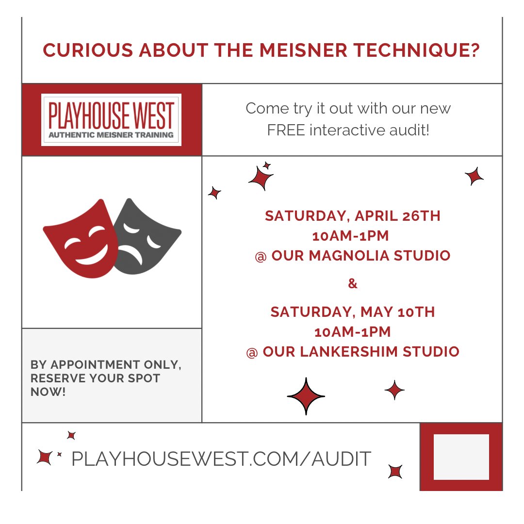 PlayhouseWest's tweet image. 🎭 Actors of LA!
Get on stage and train Meisner-style—for FREE!

🔥 Interactive Audit
📅 This Sat 4/26 | 10AM–1PM
📍 Magnolia Studio

RSVP now: l8r.it/r7Js

Next chance: 5/10 at Lankershim, but why wait?

#PlayhouseWest #MeisnerTechnique #LAActors