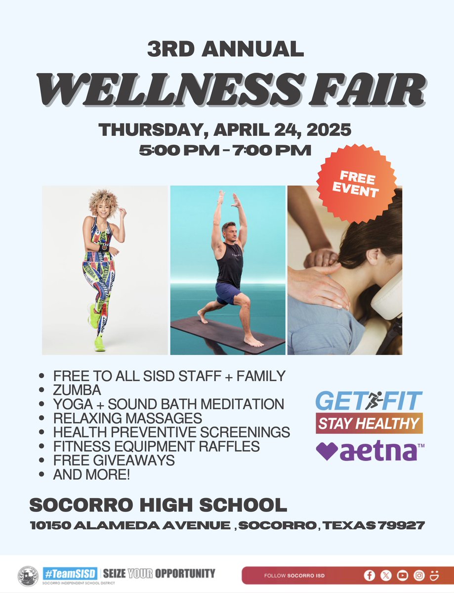 HAPPENING TOMORROW 📢 Join us at the 3rd Annual Wellness Fair! This family-friendly event is free! 

📅 Date: April 24, 2025 
📍 Location: Socorro High School 
⏰ Time: 5:00 p.m. - 7:00 p.m.

See you there!