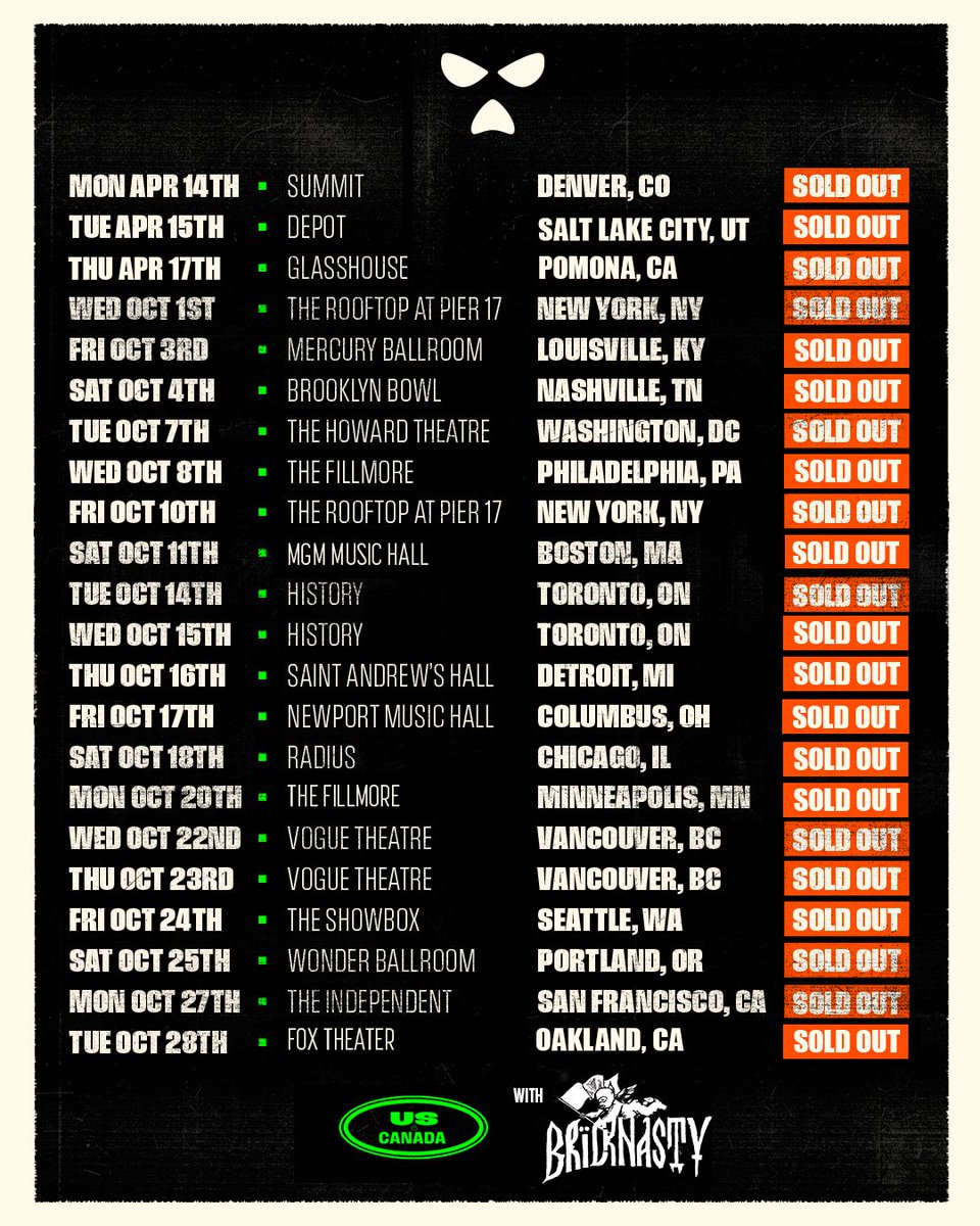 Our entire October tour of Canada and the US is now SOLD OUT. 

Grma to all you legends and see you in a few months. 🔥

Support by the brilliant Bricknasty on a shows.