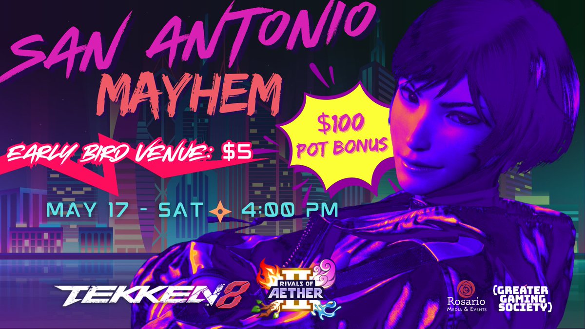 AngelicSongx's tweet photo. We're going all out for San Antonio Mayhem! 👹

💰 $100 Pot Bonus - Tekken 8
💰 $100 Pot Bonus - Rivals of Aether 2

🐣 $5 Early Bird Venue - Ends April 30th!

Register Here: https://t.co/J0jEx73vct https://t.co/34WfP9Lfob