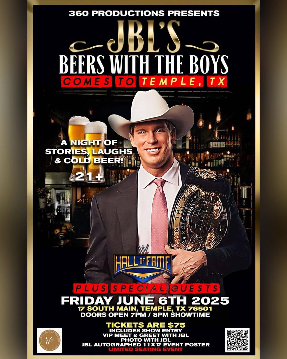 JBL <a href="/JCLayfield/">John Layfield</a> is coming to Temple, TX!
A night of stories, laughs &amp; cold beer 21+ only!
Beers With The Boys
Friday, June 6th
117 S Main, Temple, TX
VIP meet &amp; greet, photo op &amp; signed poster all for $75!
Limited seating don’t wait!
#WWE #JBL #TempleTX #BeersWithTheBoys