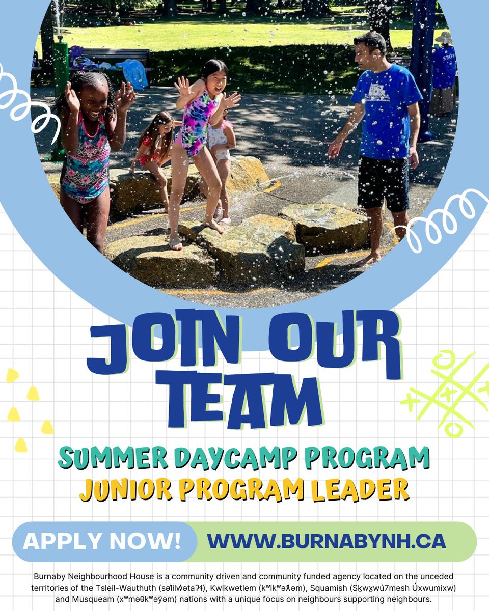 🌟 Join Our Team! 🌟

💼 Junior Program Leaders

Looking for a fun and meaningful way to spend your summer? 🌞 Join BNH as a Junior Program Leader and help run awesome daycamp programs for kids ages 6–12!

💚To apply or for more info, visit 🔗burnabynh.ca💙