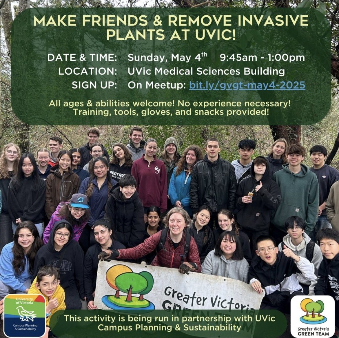 Join us <a href="/uvic/">UniversityOfVictoria</a> on May 4th to meet new friends and help restore the forest! 
Everyone is welcome! 
Details &amp; sign up: bit.ly/gvgt-may4-2025