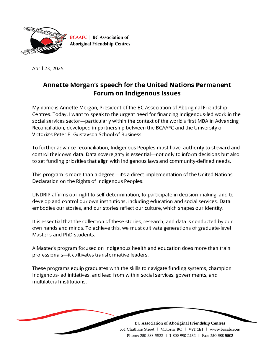 Today Annette Morgan, our Board President and Executive Director of one of our #BCFriendshipCentres, spoke at the UN Permanent Forum on Indigenous Issues in New York. #BCAAFCatUNPFII2025

Swipe to read Annette's speech ➡️