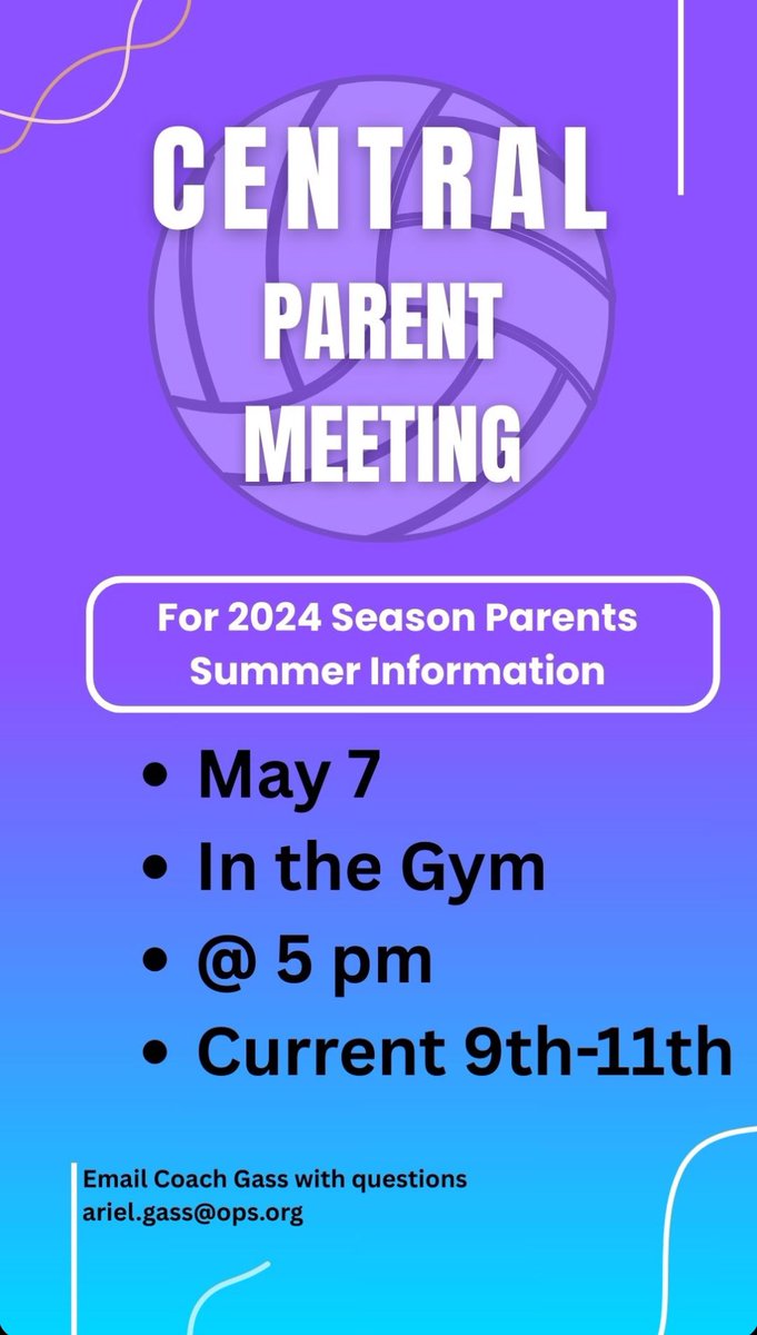 Attention ‘24 Volleyball Parents and Athletes! 
We will be having a parent meeting on May 7 @ 5 pm in the gym to talk about summer activities. 
‘25 Eagle Parents and athletes are welcome to find out about summer information and ask questions. Email . ariel.gass@ops.org with ?s