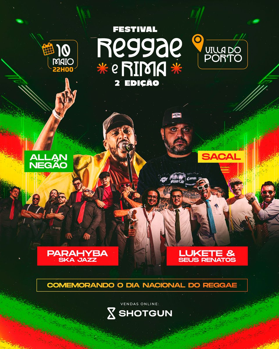 SacalProd's tweet photo. O Reggae e Rima tá de volta! 💚💛❤️
No clima mágico da Villa do Porto @vila_do_porto , vamos celebrar o Dia Nacional do Reggae com um line-up de peso:

Allan Negão, Sacal, Parahyba Ska Jazz e Lukete &amp; Seus Renatos 
Vendas online: Shotgun https://t.co/TDYQJZL4N4