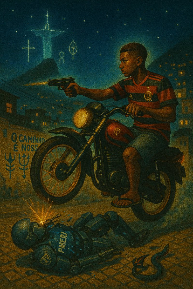 “O caminho é nosso.”
Ogum desce o morro de moto e olhos no sistema. O cria não é vilão — é herdeiro da encruzilhada, guardião do futuro. Ogunhê! ⚔️
#Ogum #Afrofuturismo #RioDeJaneiro #Sincretismo #Cria #CulturaUrbana #Ogunhe #FavelasVivas #ResistênciaDigital #ArteNegra