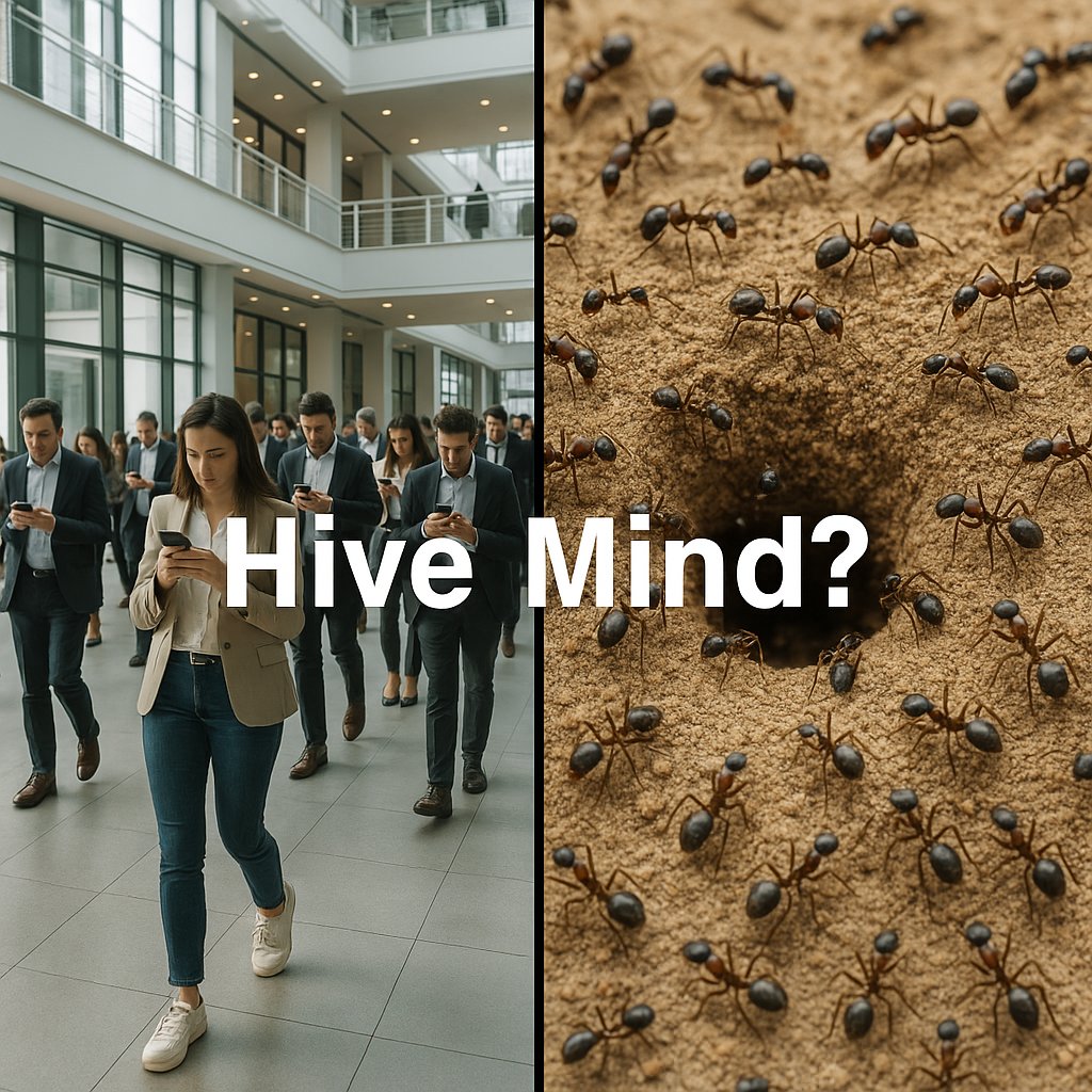 JasonWilde108's tweet photo. Everyone I talk to seems to be worried about Neuralink ....like some future chip is going to flip the switch and turn us into hive-minded drones. But I tell them this ... the hive mind is already here, and you opted in voluntarily. No surgery, no implants...just your phone, your feed, and your fear of being left behind. Sound familiar? You don't need a neural interface when you're already checking a black mirror 96 times a day for emotional validation and identity cues. You didn’t need to be plugged in. You are the plug. The node.

It didn’t come with any force at all. It came as convenience and progress. You stopped asking questions when the algorithm started handing you answers tailored to your echo chamber. You stopped forming opinions the moment you started liking, sharing, and reposting what the swarm rewarded. And when you had an opinion .. you stopped .. because the swarm would not approve. Somewhere along the way, your thoughts became patterns, your outrage became trendy, and your memory...your sense of continuity....got replaced by scrollable nostalgia loops. Silence is painful. You don't think for yourself. You react for the collective. Sound crazy and sci fi dark? We're living it. 

Imagine a flock of birds. They move as one, turn as one, rise as one. There’s no central leader...just subtle, invisible signals traveling faster than thought. That’s what we’ve become. But birds/ants or any hive member don’t think they’re individuals. We do. Is that now an illusion of autonomy? I think that’s the last barrier... and it’s already paper-thin. You’re not deciding. You're just calculating how far you can drift from the group without being pecked to death. So you stay in formation. And you call it freedom...hmmm...how familiar are you now?

What we call "connection" is just compliance wrapped in dopamine. What we call "information" is just curated input shaped to keep the hive intact. And when you do step out of line...say something unpopular, think something off-beat...the collective doesn’t ask why. It swarms. It punishes. It silences. The same system that feeds you, feeds on you. And you know it. That’s the worst part. Deep down, under the noise, you/we can feel it...the quiet panic of knowing you’re not really steering anymore. Do you feel it ... because I do. I come from the old world .. much has changed and change is what always happens. 

You don’t need Neuralink. The hive mind is here. It hums in your pocket. It breathes through your screen. And it doesn’t need to control you...it just needs you to keep scrolling, keep posting, keep syncing. Because once you believe the thoughts in your head are truly your own, and they’re not...the hive doesn’t just win.
 It becomes you...and you become the hive.