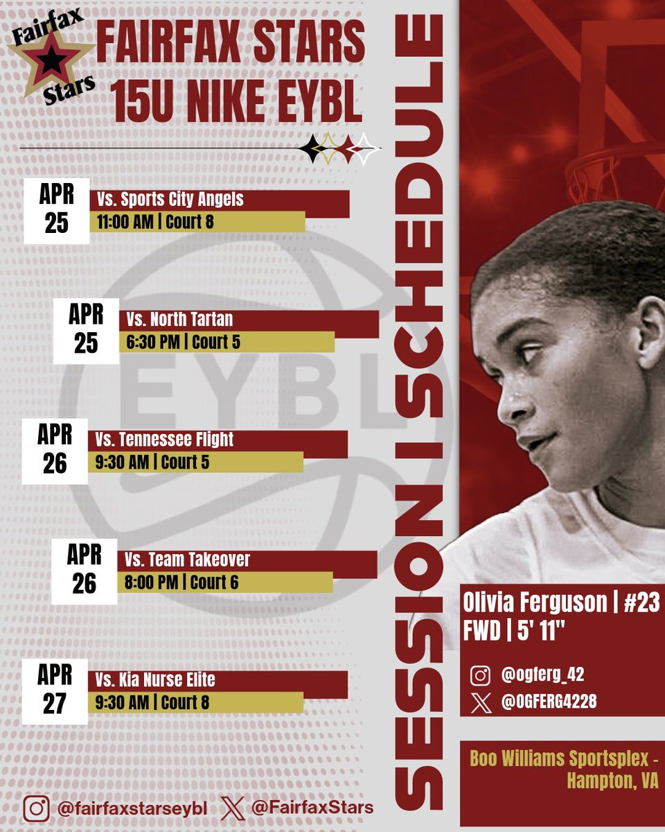 Olivia Ferguson (@ogferg4228) on Twitter photo First EYBL stop: Hampton, VA ๐
Rolling in with the <a href="/fairfaxstars/">Fairfax Stars</a> 15U squad โ locked in and ready to get buckets at <a href="/NikeGirlsEYBL/">Nike Girls EYBL</a> Session I.
๐ Check the schedule and come watch us grind and shine.
#2025EYBL ๐ #FairfaxStars โจ #Road2CHI #GrindSeason #WeGotNext First EYBL stop: Hampton, VA ๐
Rolling in with the <a href="/fairfaxstars/">Fairfax Stars</a> 15U squad โ locked in and ready to get buckets at <a href="/NikeGirlsEYBL/">Nike Girls EYBL</a> Session I.
๐ Check the schedule and come watch us grind and shine.
#2025EYBL ๐ #FairfaxStars โจ #Road2CHI #GrindSeason #WeGotNext