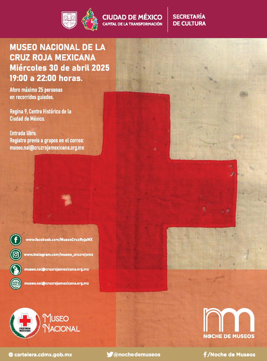 #CarteleraCultural

Participando por primera vez en #NocheDeMuseos, el Museo Nacional de la Cruz Roja abre sus puertas para ofrecer recorridos guiados especiales que te permitirán conocer acerca del origen, evolución, misión y el legado de la Cruz Roja Mexicana🚑

<a href="/ClaraBrugadaM/">Clara Brugada Molina</a>