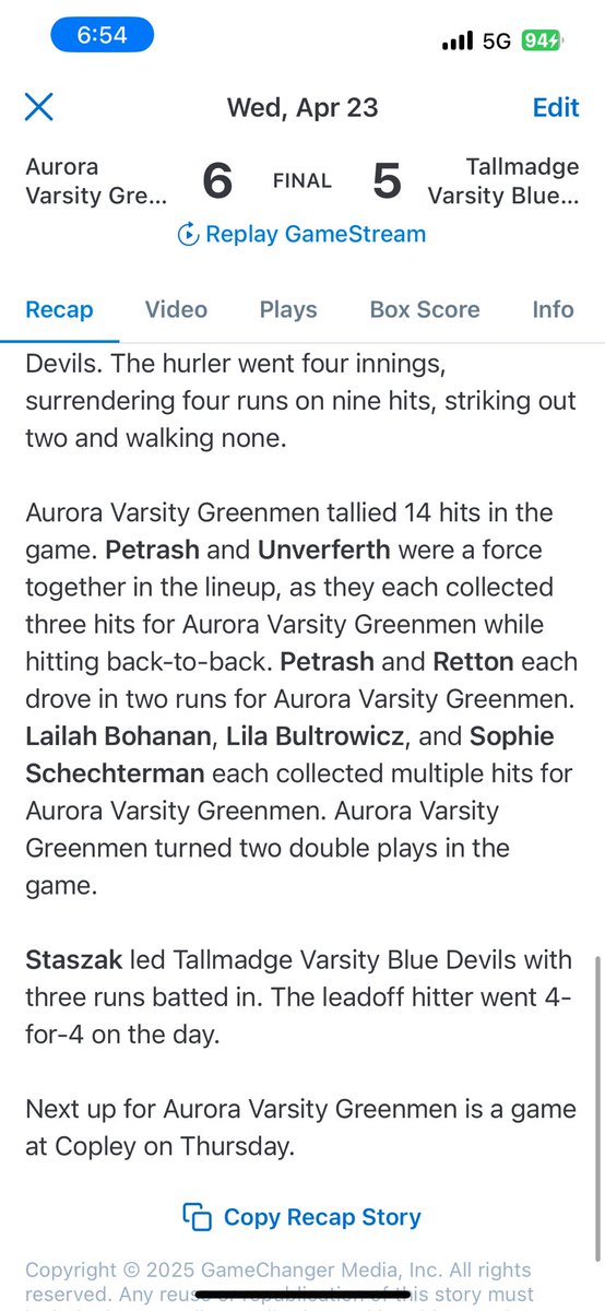 Aurora Softball (@softballaurora) on Twitter photo Aurora defeats Tallmadge 6-5.
<a href="/sretton2/">Sophie Retton</a> gets the W & HOMER!!! <a href="/RaynaUnverferth/">Rayna Unverferth</a> also with a HOMER!!! #dingerqueenz
<a href="/sophpet07/">Sophie Petrash</a> & <a href="/RaynaUnverferth/">Rayna Unverferth</a> with a huge double play in the bottom of 7!! & <a href="/LailahBohanan11/">Lailah Bohanan/LB</a> with a diving catch in CF!
Total TEAM WIN!
Game recap below ๐๐ผ Aurora defeats Tallmadge 6-5.
<a href="/sretton2/">Sophie Retton</a> gets the W & HOMER!!! <a href="/RaynaUnverferth/">Rayna Unverferth</a> also with a HOMER!!! #dingerqueenz
<a href="/sophpet07/">Sophie Petrash</a> & <a href="/RaynaUnverferth/">Rayna Unverferth</a> with a huge double play in the bottom of 7!! & <a href="/LailahBohanan11/">Lailah Bohanan/LB</a> with a diving catch in CF!
Total TEAM WIN!
Game recap below ๐๐ผ