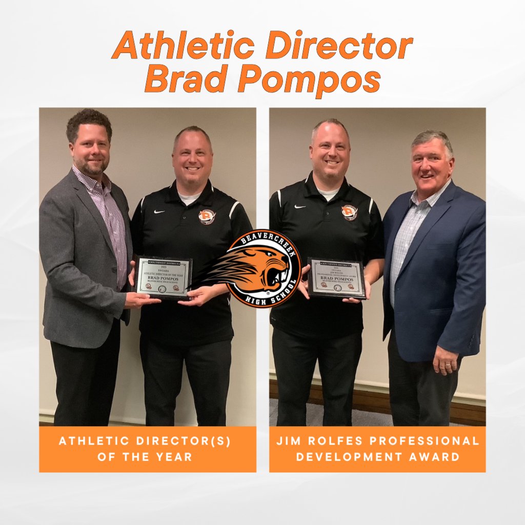 BcrkSchools's tweet photo. 🎉 Congrats to Bcreek’s AD Brad Pompos — named a SWOADA Athletic Director of the Year! 🏆 His leadership and impact on students, school, and community are second to none. He also received the Jim Rolfes PD Award! 👏#BcreekAthletics #SWOADA #OneDistrictOneMissionOneCreek 🧡🖤 https://t.co/fzvg4SRlbF