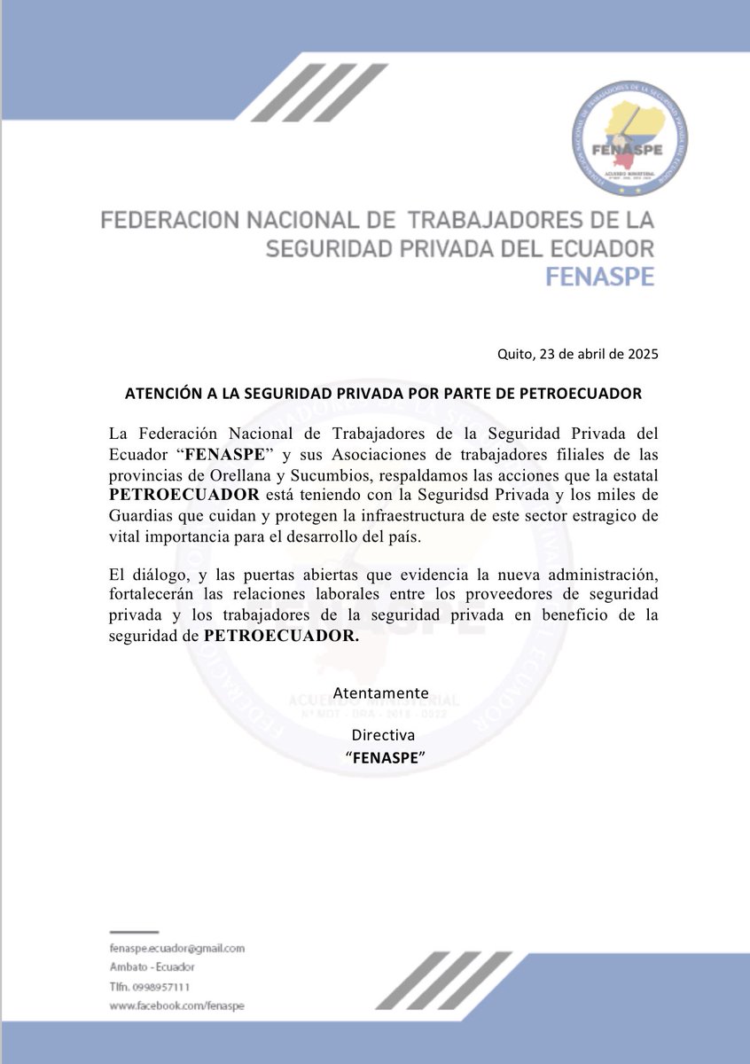 🔴🔴🔴
#Atencion
#COMUNICADO📍 
Valoramos el diálogo y la atención efectiva q la nueva administración d <a href="/EPPetroecuador/">EP Petroecuador 🇪🇨</a> está teniendo con la #SegPrivada y con los miles d #Guardias 👮‍♀️q protegen la infraestructura d este sector estratégico⛽️
<a href="/RecNaturalesEC/">Ministerio de Energía y Minas Ecuador🇪🇨</a> 
<a href="/JohnReimberg/">John Reimberg</a>