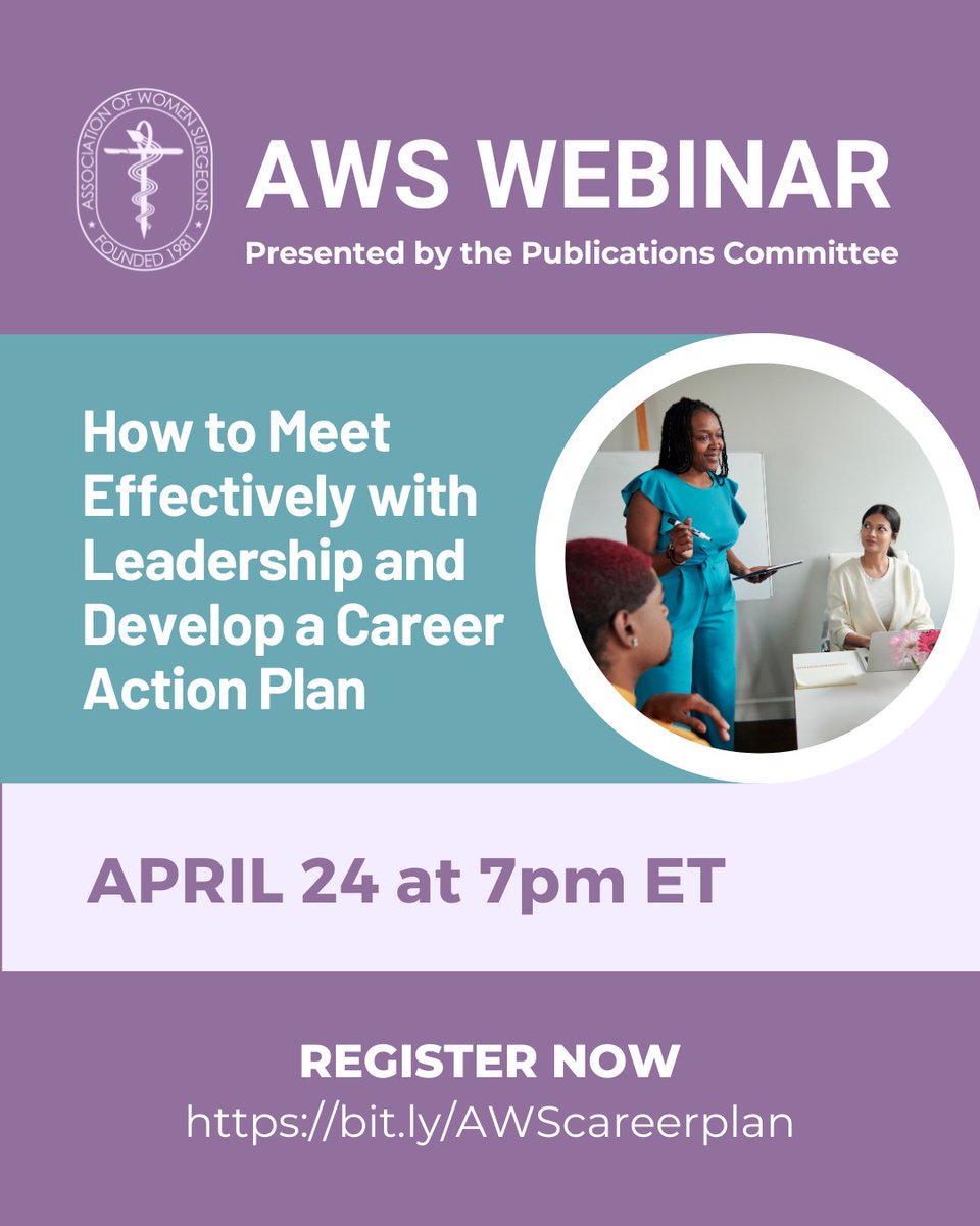 TOMORROW!

Don't miss the webinar, "How to Meet Effectively with Leadership and Develop a Career Action Plan," presented by the Publications Committee on Thursday, April 24 at 7pm ET!

Speakers include Drs. Madeline Torres, Susie Hill, and Laura Johnson.

bit.ly/AWScareerplan