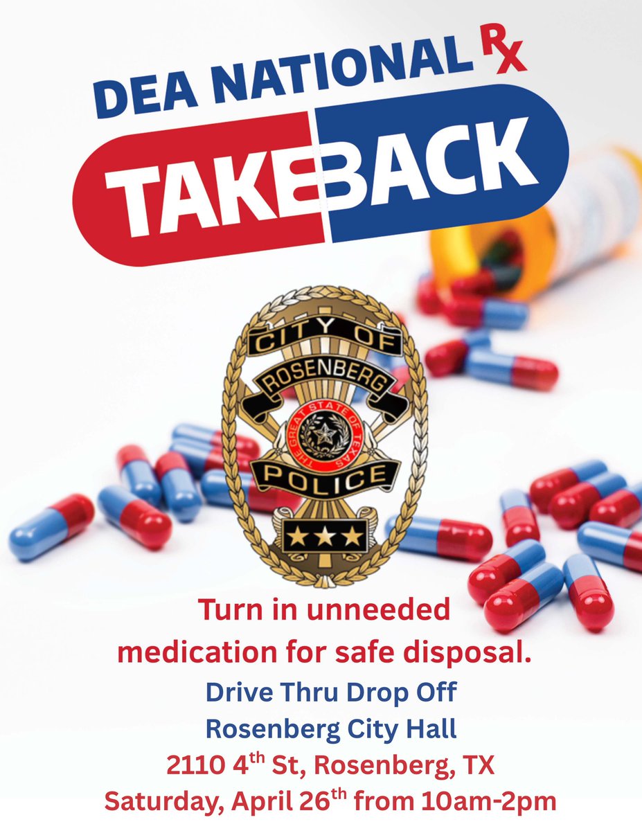 Help keep our community safe! Unused or expired prescription medications can be dangerous if left in the wrong hands. 

Join us on Saturday, April 26th, from 10 AM to 2 PM at Rosenberg City Hall.  No questions asked, just drive up &amp; drop off your unwanted prescription drugs!