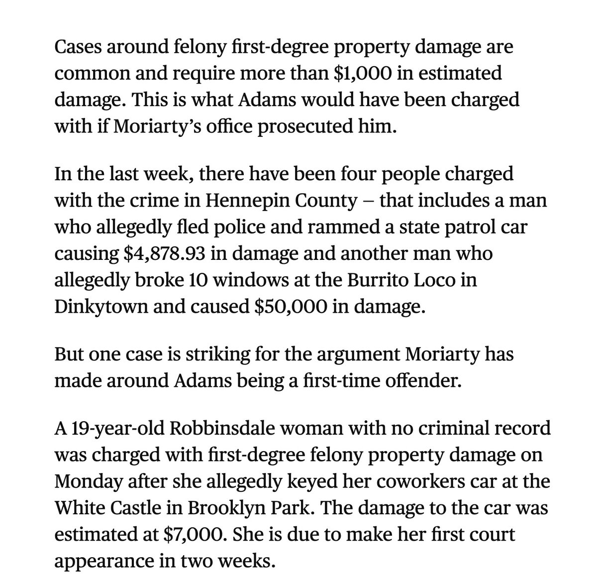 Andy Ngo (@mrandyngo) on Twitter photo The woke <a href="/HennepinAtty/">Hennepin County Attorney Mary Moriarty</a> prosecutor said it was normal to not file criminal charges against the leftist <a href="/Minnesota_DHS/">Minnesota Department of Human Service Employees</a> fiscal policy analyst who was recorded on video inflicting over $21,000 in damages to parked Teslas across Minneapolis.
But her same office is treating other The woke <a href="/HennepinAtty/">Hennepin County Attorney Mary Moriarty</a> prosecutor said it was normal to not file criminal charges against the leftist <a href="/Minnesota_DHS/">Minnesota Department of Human Service Employees</a> fiscal policy analyst who was recorded on video inflicting over $21,000 in damages to parked Teslas across Minneapolis.
But her same office is treating other